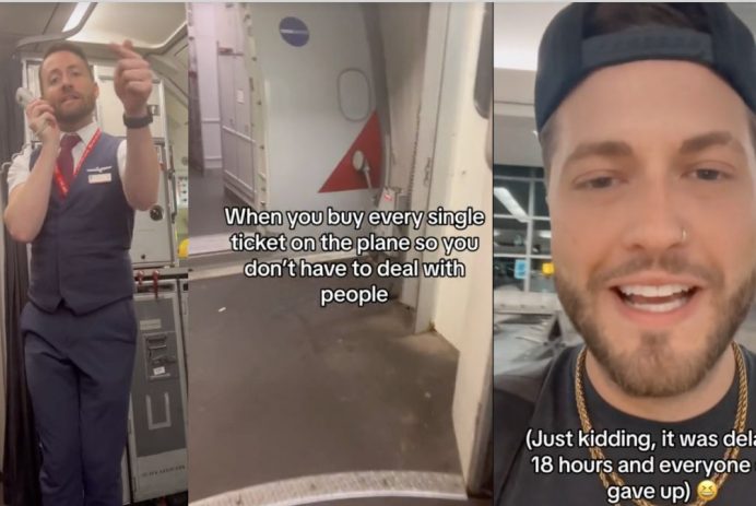 Man celebrates being the only passenger on flight after 18-hour delay.