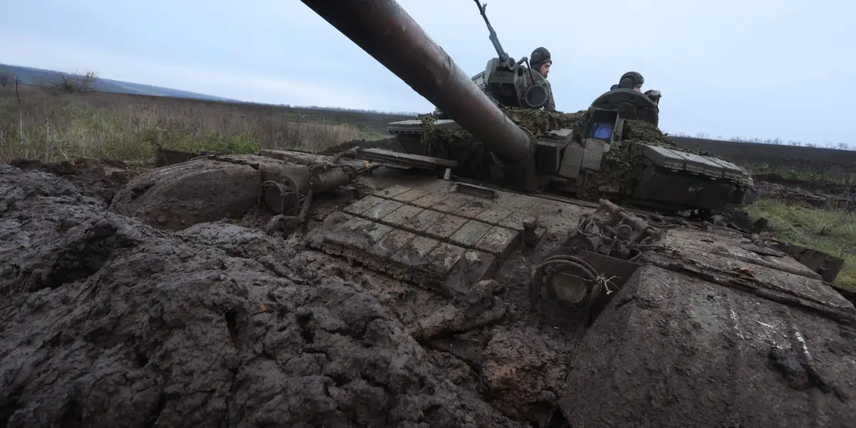 Featured image for Russian propaganda claims Ukrainian troops are stuck in mud to boost morale of Putin's soldiers.