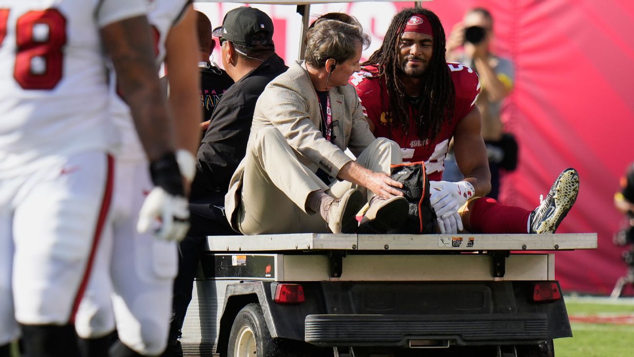 Featured image for 49ers' Fred Warner suffers serious ankle injury against Buccaneers
